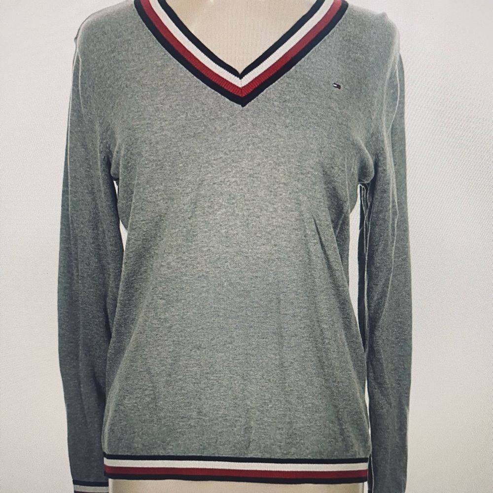 Tommy Hilfiger Gray Sweater with Red White & Blue Trim